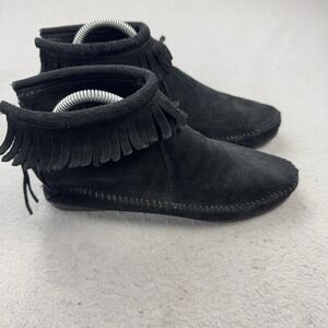 Minnetonka Boots Womens Size 7.5 Black Suede Fringe Ankle Booties Zip 289